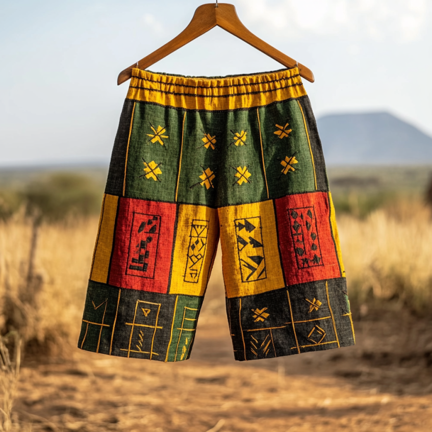 Men's Tribal Geometric Black Pride Juneteenth Art Casual Linen Shorts elevenforest