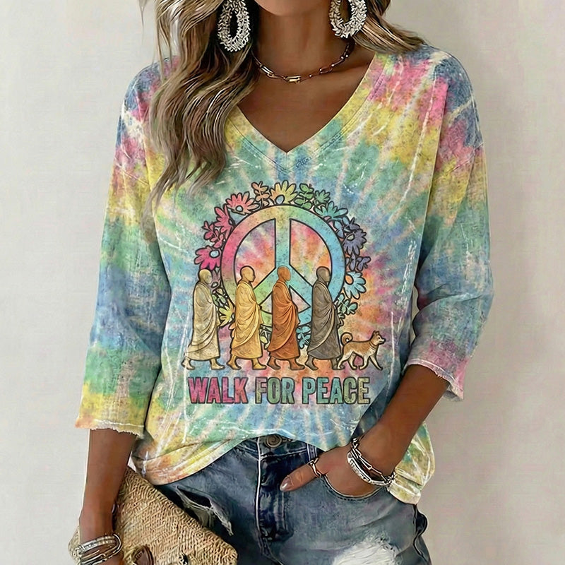 Comstylish Women's Retro Walk For Peace Monks With Aloka Dog In Hippie Tie Dye Art Print V Neck Linen Tops