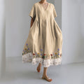 Vintage Floral Embroidered Lace Linen Blend V-neck Dress elevenforest