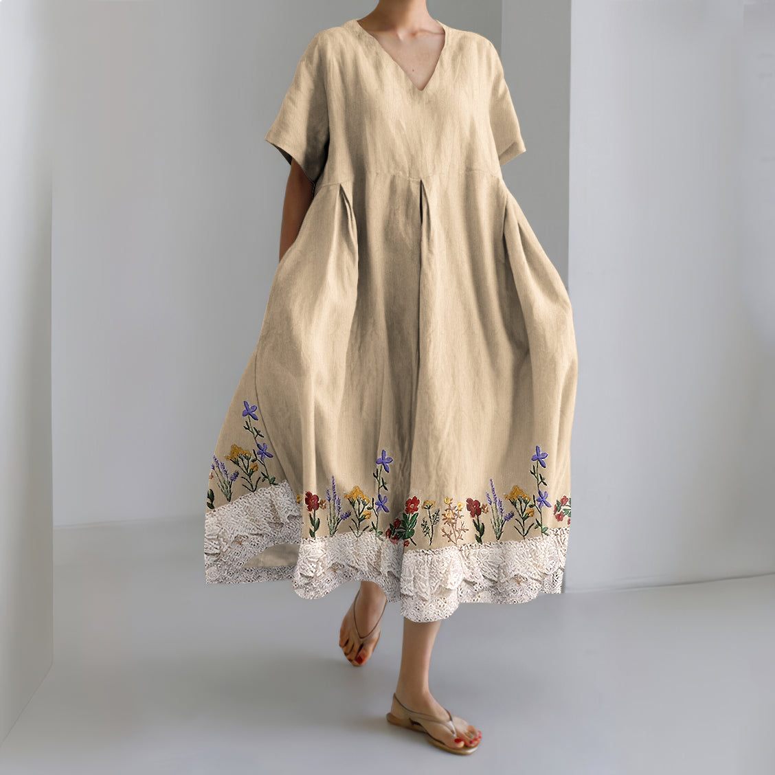 Vintage Floral Embroidered Lace Linen Blend V-neck Dress elevenforest