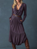 Fashion Retro Purple Ruffled V-Neck Midi Dress