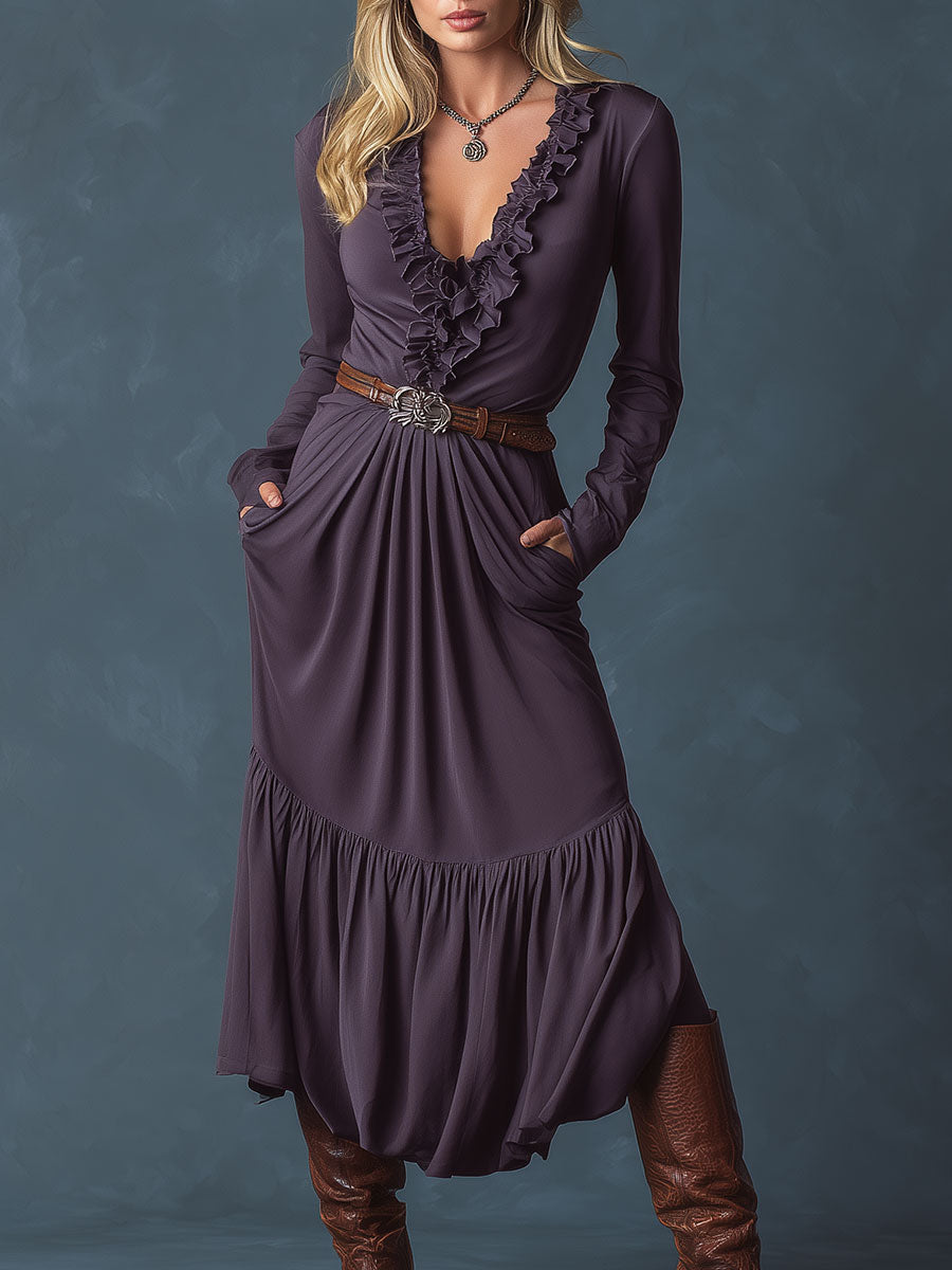 Fashion Retro Purple Ruffled V-Neck Midi Dress