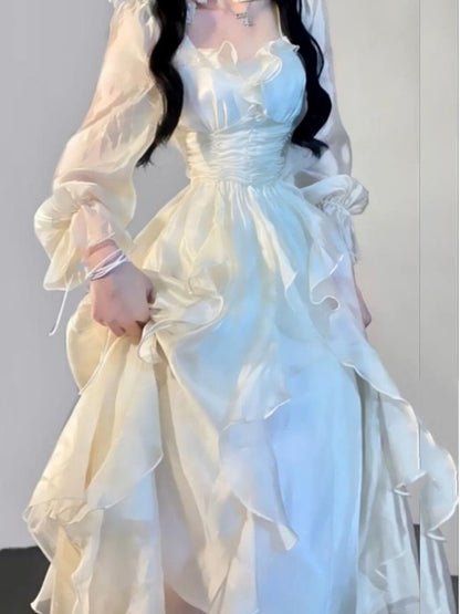 Ruffles Fairy Dresses Korean Slim Wasit a Line Midi Dress Spring Summer Princess Party Vestidos