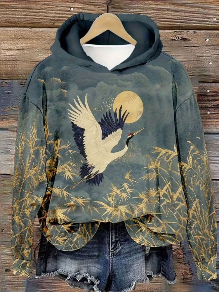 Comstylish Women's Japanese Art Crane Print Hoodie