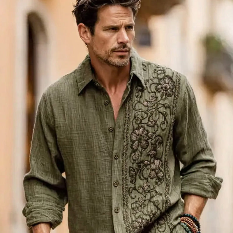 Mens Vintage Ethnic Woven Floral Linen Shirt elevenforest