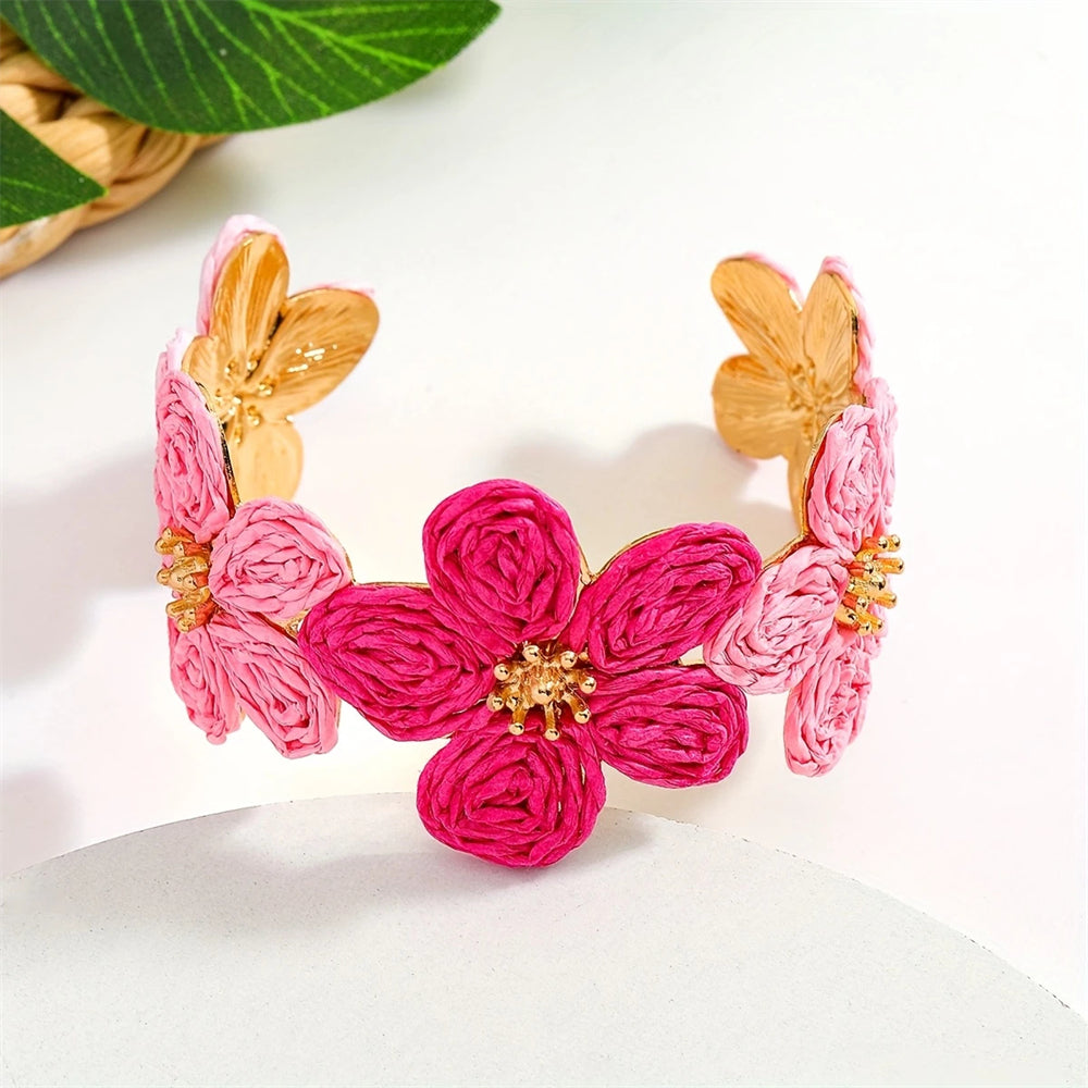 Bohemian Pink Floral Adjustable Open Bracelet elevenforest