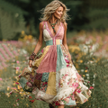 Women Vintage  Floral  Art V Neck Linen Maxi Dress elevenforest