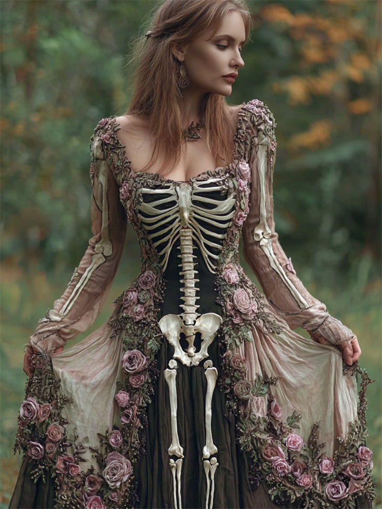 Vintage Skeleton Floral Fiber Art Flowy Linen Maxi Dress elevenforest