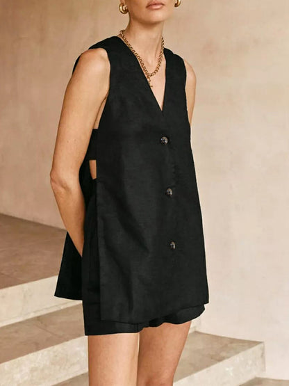 V-neck Sleeveless Vest With High-waisted Shorts Set