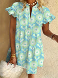 Blue Green Flower Print Ruffled Short-sleeved V-neck Buttoned Dress Vacation Beach Dress