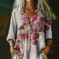 Women's Vintage Floral Art Print Casual Cotton And Linen Shirt elevenforest