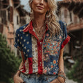 Women's Retro American Flag Style Embroidered Linen Blend Shirts elevenforest