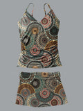 Vintage Ethnic Mandala Circle Pattern Print Suspender Skirt Tankini Pantskirt Set Swimsuit