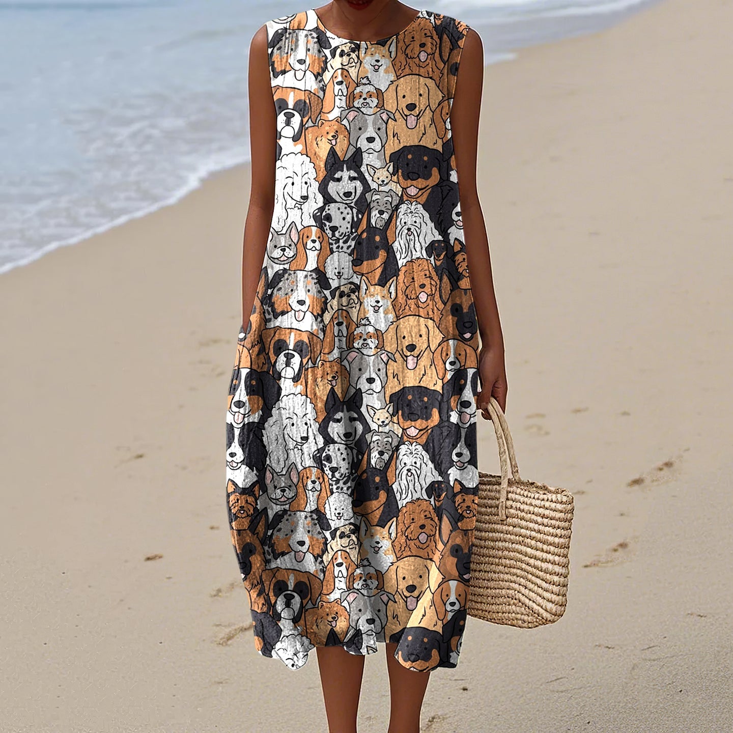 Women's Dog Art Print Crew Neck Tank Midi Dress elevenforest