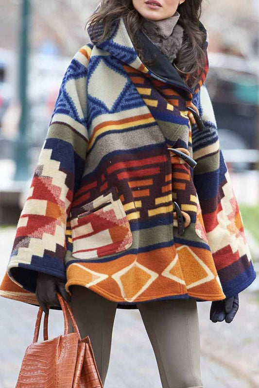Geometric Print Patchwork Hooded Collar Outerwear