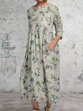 Women's Elegant Floral Classic Round Neck Cotton and Linen Dress