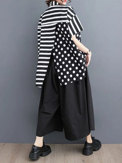 Loose Short Sleeves Buttoned Contrast Color Pockets Polka-dot Split-back Split-joint Striped Lapel Blouses&shirts Tops