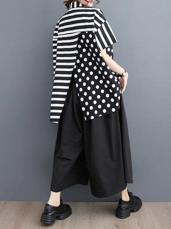 Loose Short Sleeves Buttoned Contrast Color Pockets Polka-dot Split-back Split-joint Striped Lapel Blouses&shirts Tops