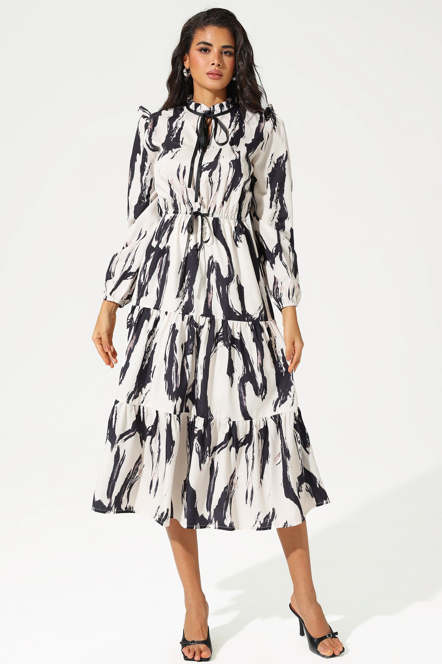 Printed Long Sleeve Crew Collar Lace Up Midi Dress