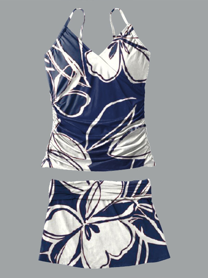 V-Neck Vintage Flowers Print Suspender Skirt Tankini Pantskirt Set Swimsuit