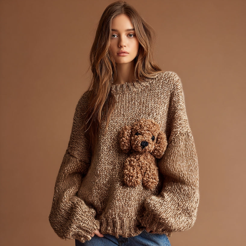 Comstylish Vintage Fuzzy Dog Crochet Cozy Knit Sweater