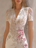 Bohemian Style Pink Flower Silver Sequin Small V-neck Short-sleeved Long Dress elevenforest