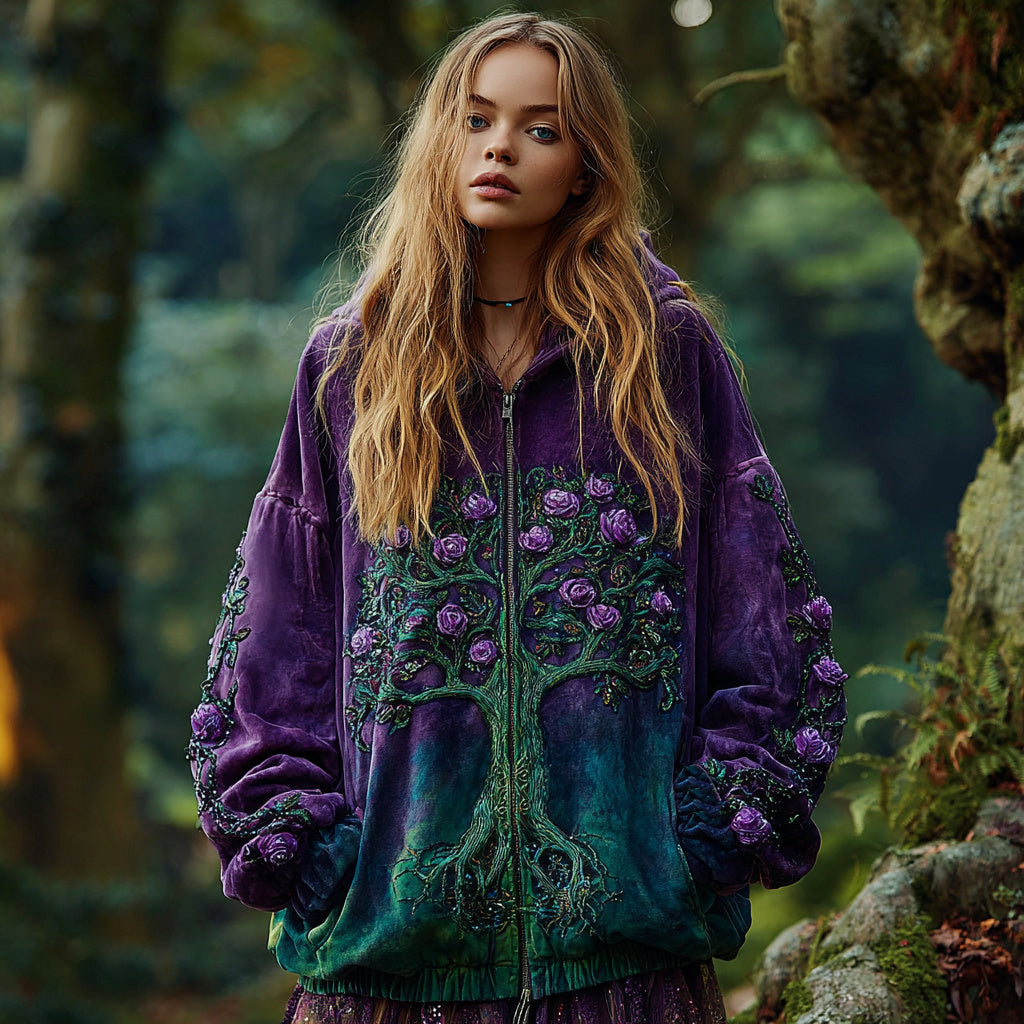Women's  Tree Of Life Floral Gradient Art Comfort Warm Zip Hoodie elevenforest