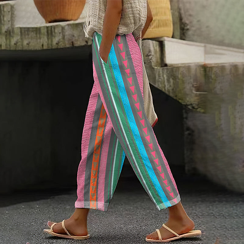 Comstylish Women's Bohemian Geometric Color Block Patchwork Sleeveless Colorful Stripe Art Linen Casual Pants