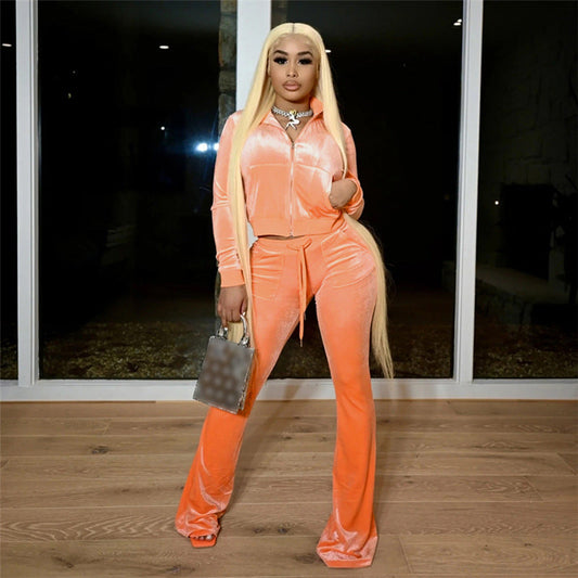 Autumn Europe ’s Velvet Zipper Cardigan & Straight Leg Trousers Set