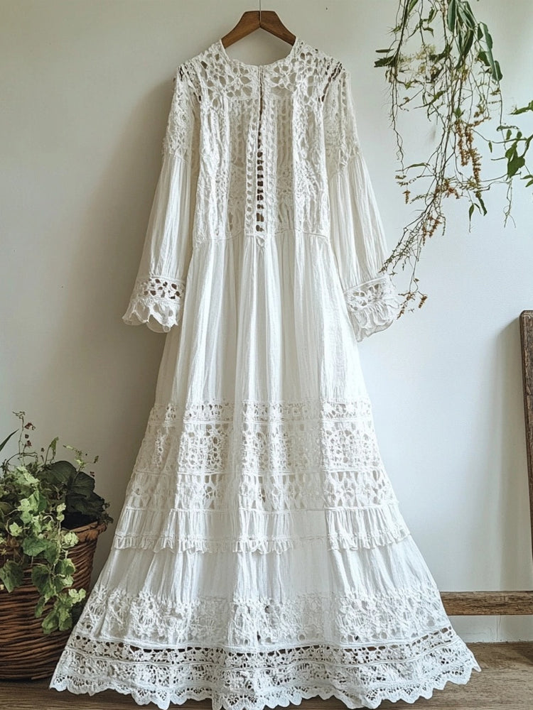 Vintage Floral Hollow Lace Patchwork Linen Cozy Maxi Dress elevenforest