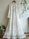 Vintage Floral Hollow Lace Patchwork Linen Cozy Maxi Dress elevenforest