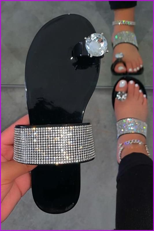 Bling Rhinestone Beach Sandals Waterproof Flat Slippers F2290