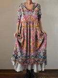 Women's Vintage Ethnic Totem Art Print Button Pocket Cotton Dress