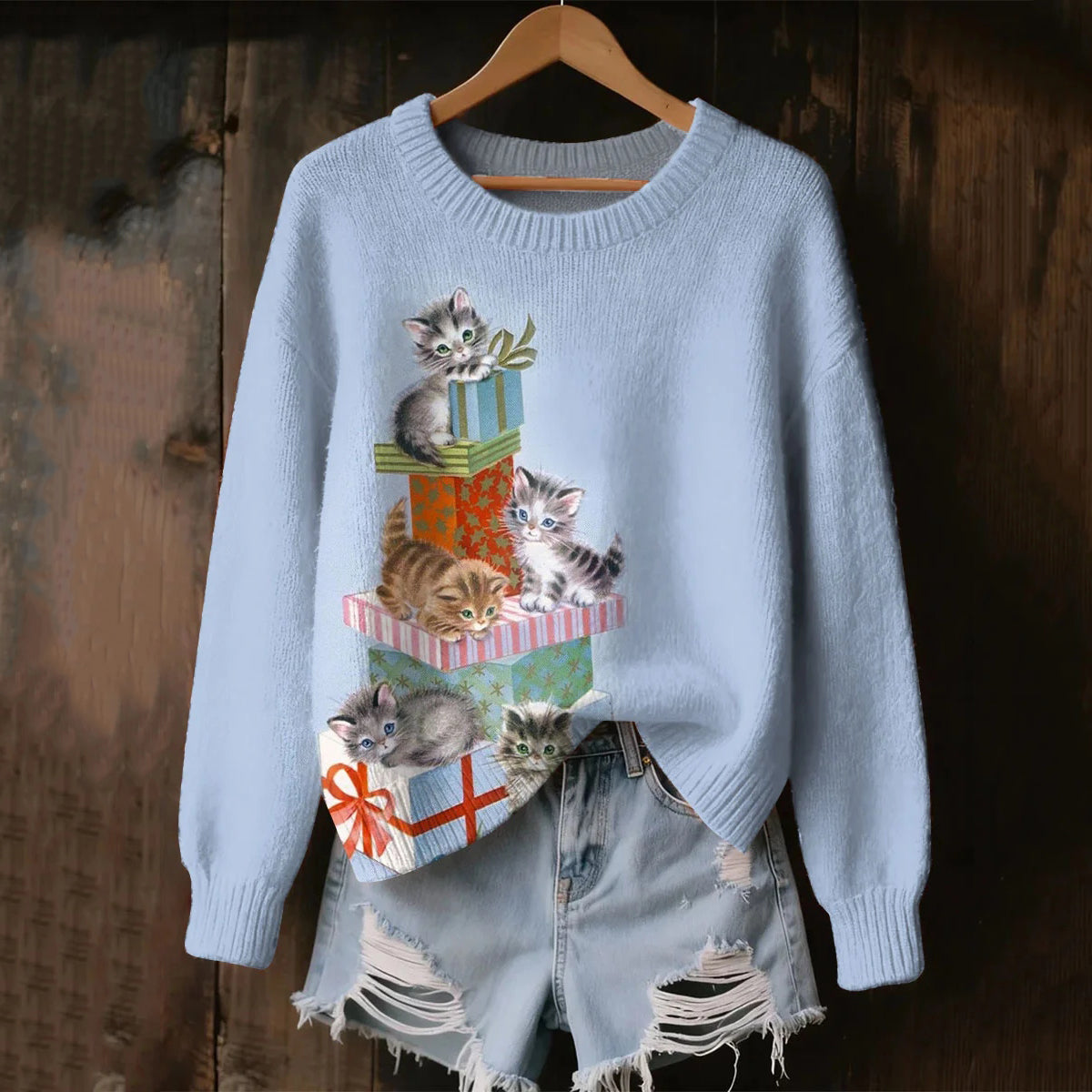 Women's Christmas Gift Cat Print Cozy Knit Sweater elevenforest