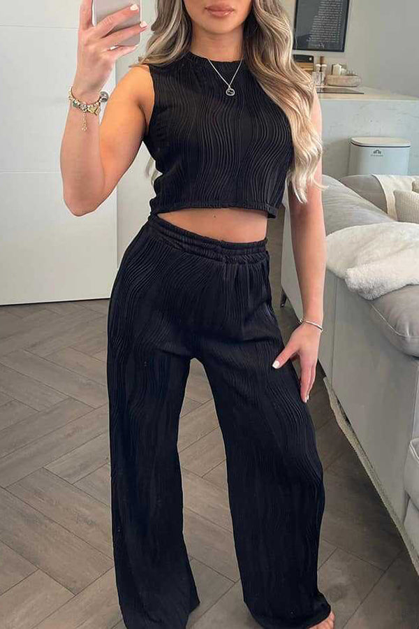 Color Water Wave Crew Neck Tank Top and Elastic Waist Straight Pants Set