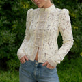 Comstylish Vintage Elegant Stand Up Collar Hollow Lace Shirt