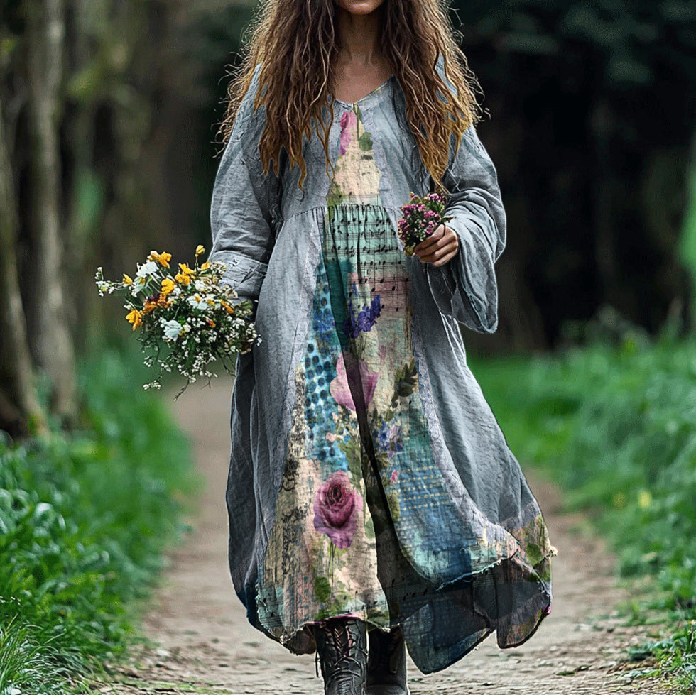 Women's Vintage Floral Print Linen Blend Loose Midi Dress elevenforest