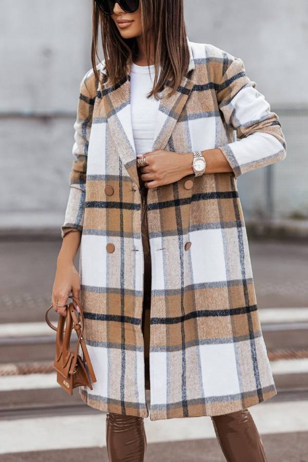 Mid Length Double Breasted Plaid Print Woolen Coat