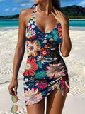 Retro Colorful Flower Print Pleated Drawstring V-neck Tankini Pantskirt Set Swimsuit