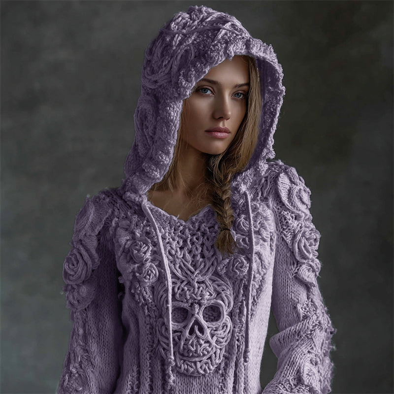 Comstylish Vintage White Roses Viking Celtic Skull Hooded Cozy Knit Sweater