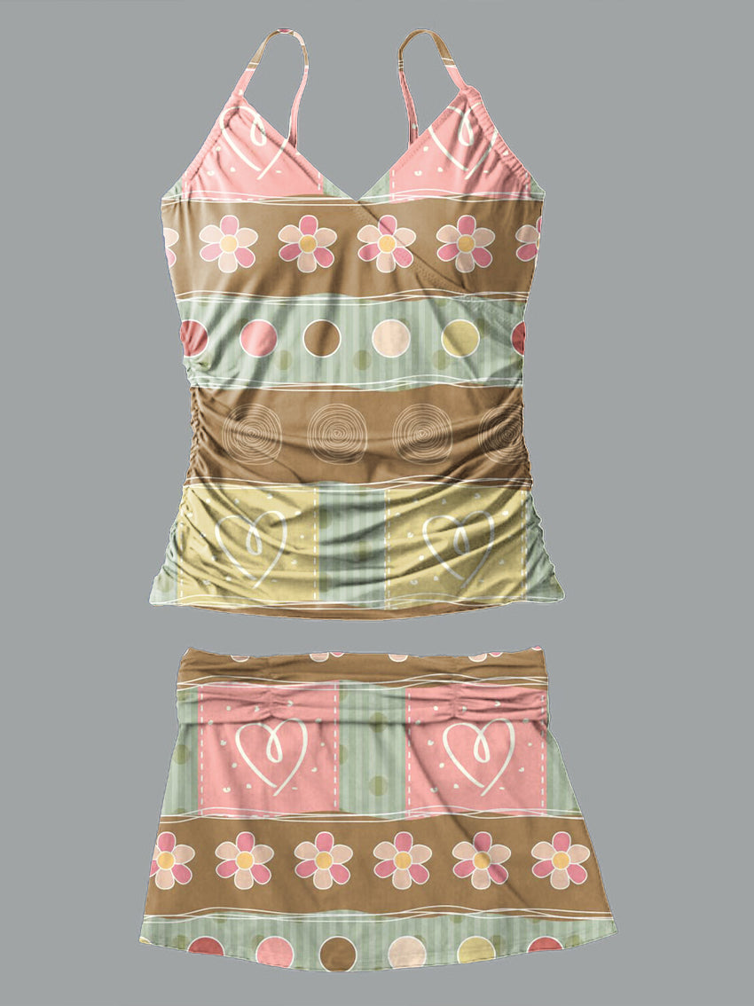 V-Neck Vintage Floral Art Print Suspender Skirt Tankini Pantskirt Set Swimsuit