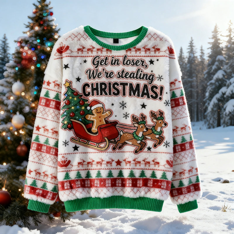 Comstylish Cute Christmas Tree And Reindeer Pattern Warm Crew Neck Sweater