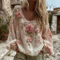 Women's Vintage Pink Roses Embroidery Art Print Round Neck Long Sleeve T-shirt elevenforest