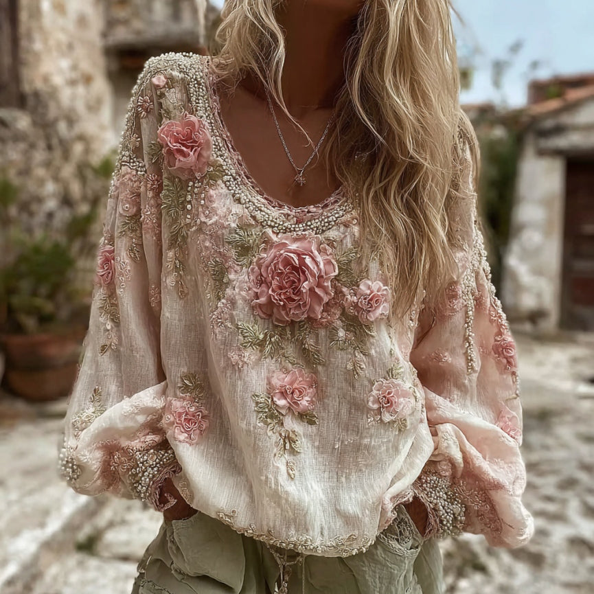Women's Vintage Pink Roses Embroidery Art Print Round Neck Long Sleeve T-shirt elevenforest
