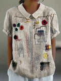 Colorful Embroidered Japanese Sashiko Art Linen Blend Shirt elevenforest