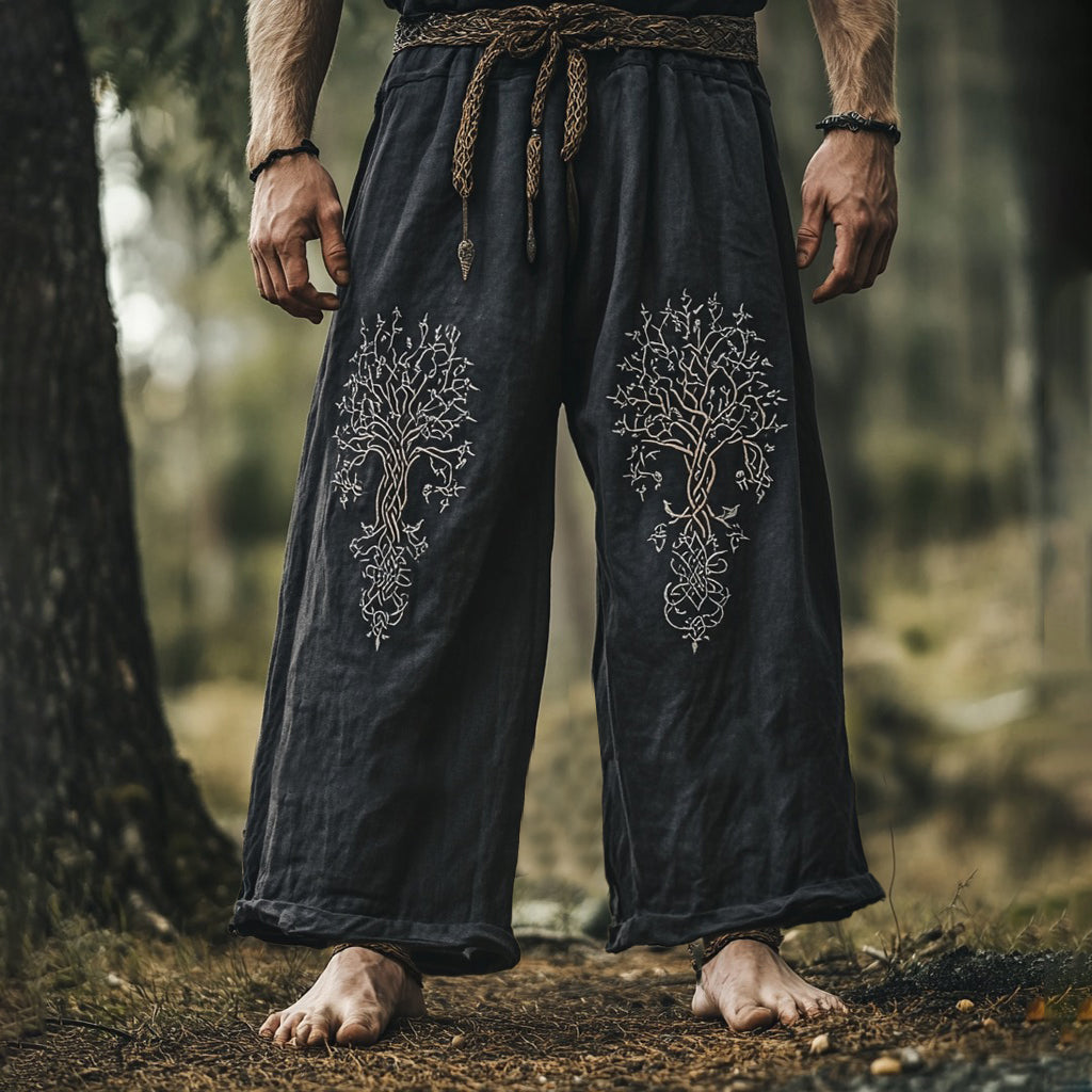 Vintage Life Of Tree Embroidery Art Linen Loose Wide-leg Pants elevenforest