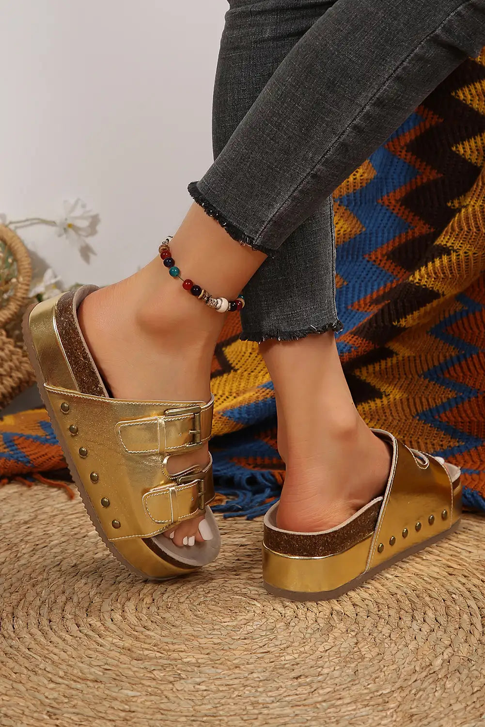 Gold Leathered Platform Slippers