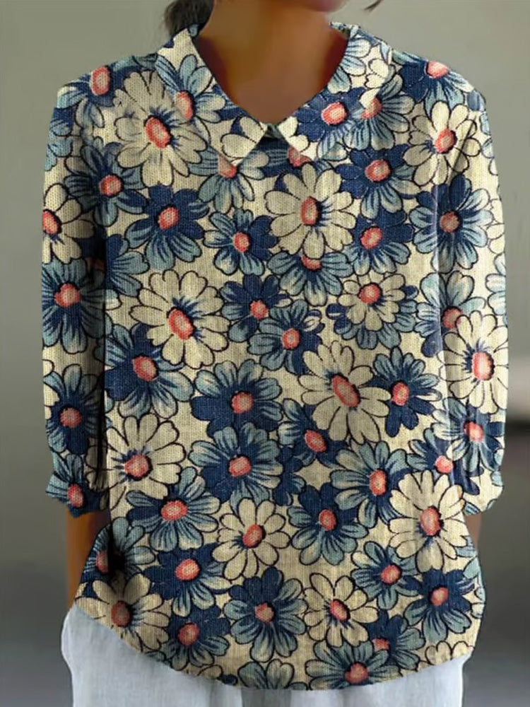 Women's Casual Long Sleeve Cotton And Linen Daisy Shirt elevenforest