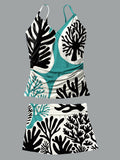 V-Neck Vintage Geometric Flowers Print Suspender Skirt Tankini Pantskirt Set Swimsuit