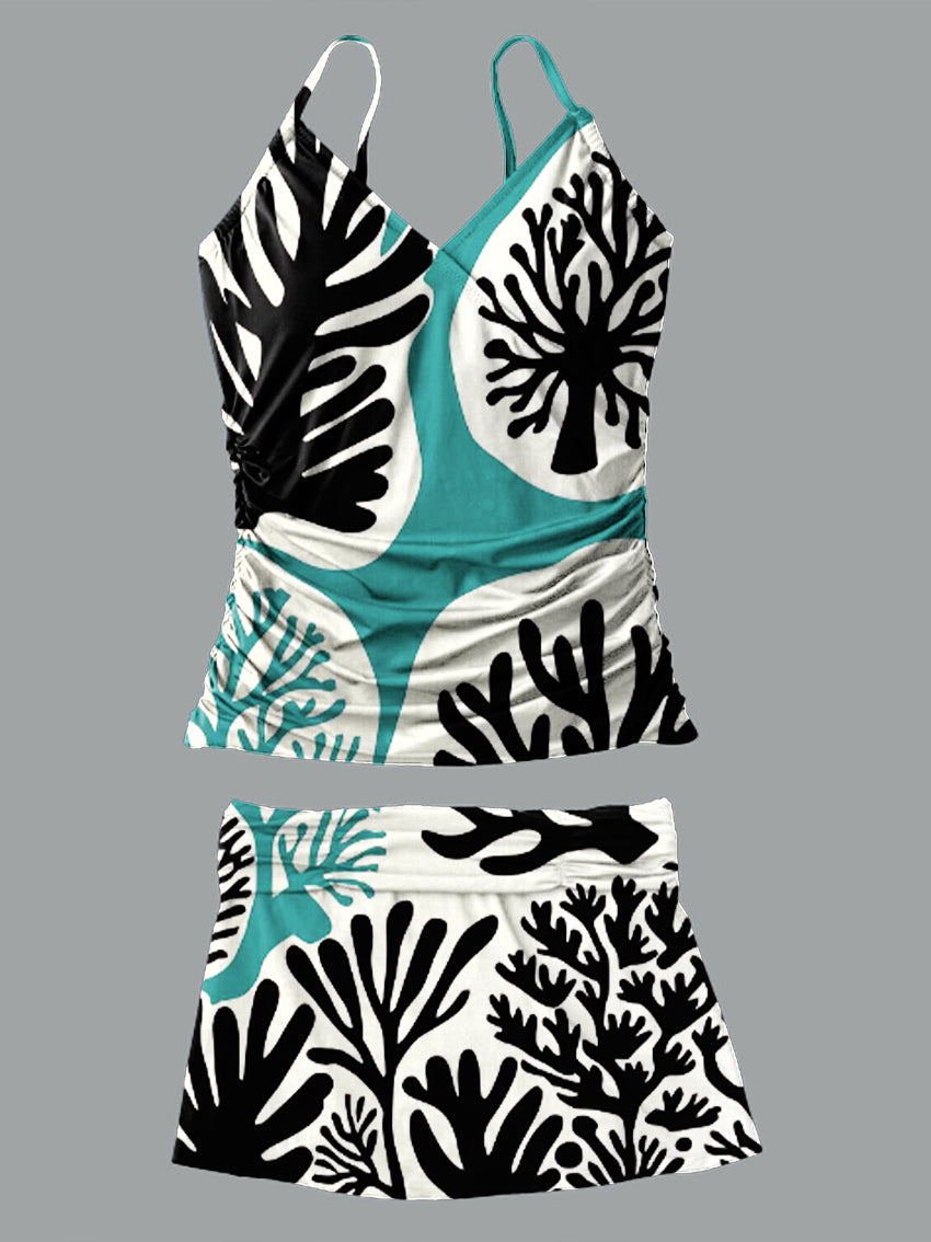 V-Neck Vintage Geometric Flowers Print Suspender Skirt Tankini Pantskirt Set Swimsuit